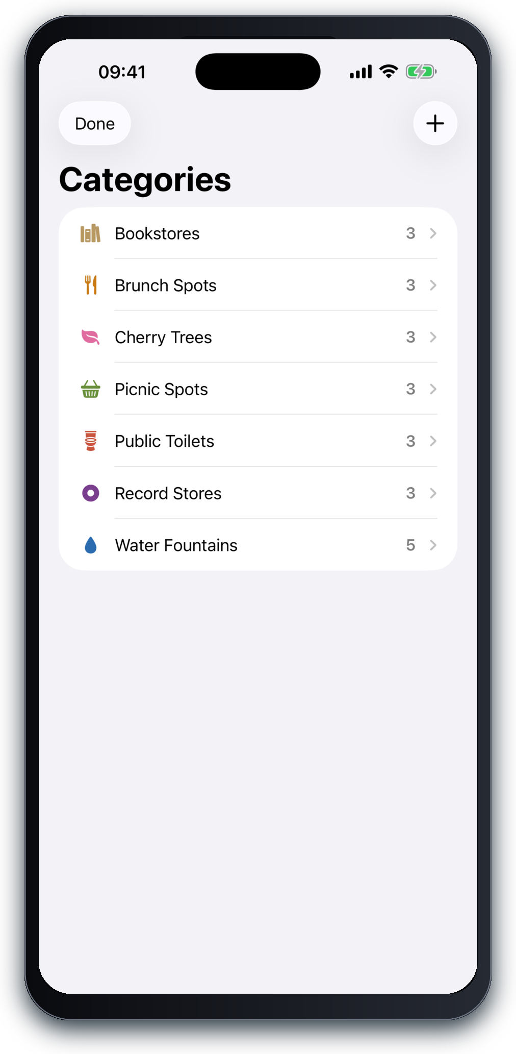 Piningo category management screen